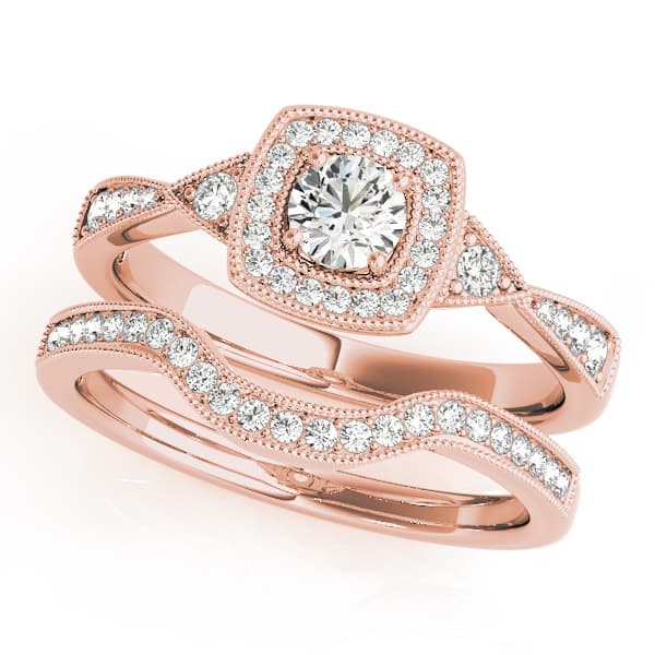 Antique Style Halo Milgrain Engagement Ring, style 51027, On hand view in rose gold