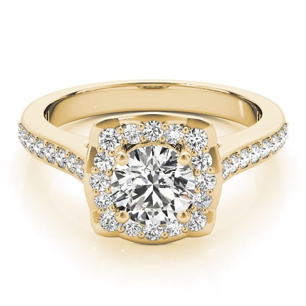 Single Row Halo Engagement Ring, style 51035, On hand view in yellow gold