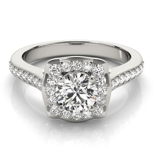 Single Row Halo Engagement Ring, style 51035, On hand view in white gold or platinum