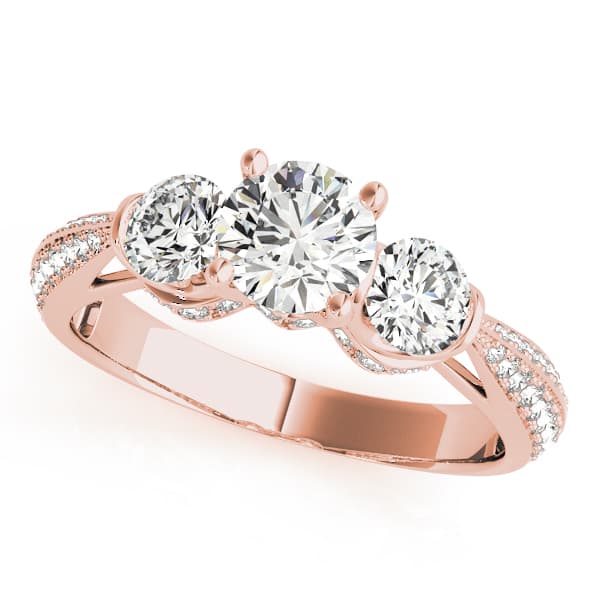 Vintage 3-Stone Pavé Hidden Halo Engagement Ring, style 51041, Front view in rose gold