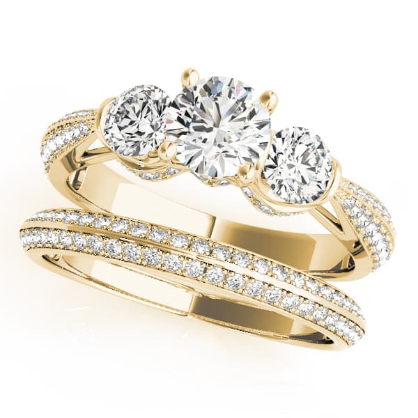 Vintage 3-Stone Pavé Hidden Halo Engagement Ring, style 51041, On hand view in yellow gold
