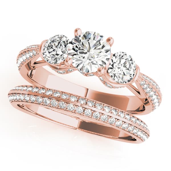 Vintage 3-Stone Pavé Hidden Halo Engagement Ring, style 51041, On hand view in rose gold
