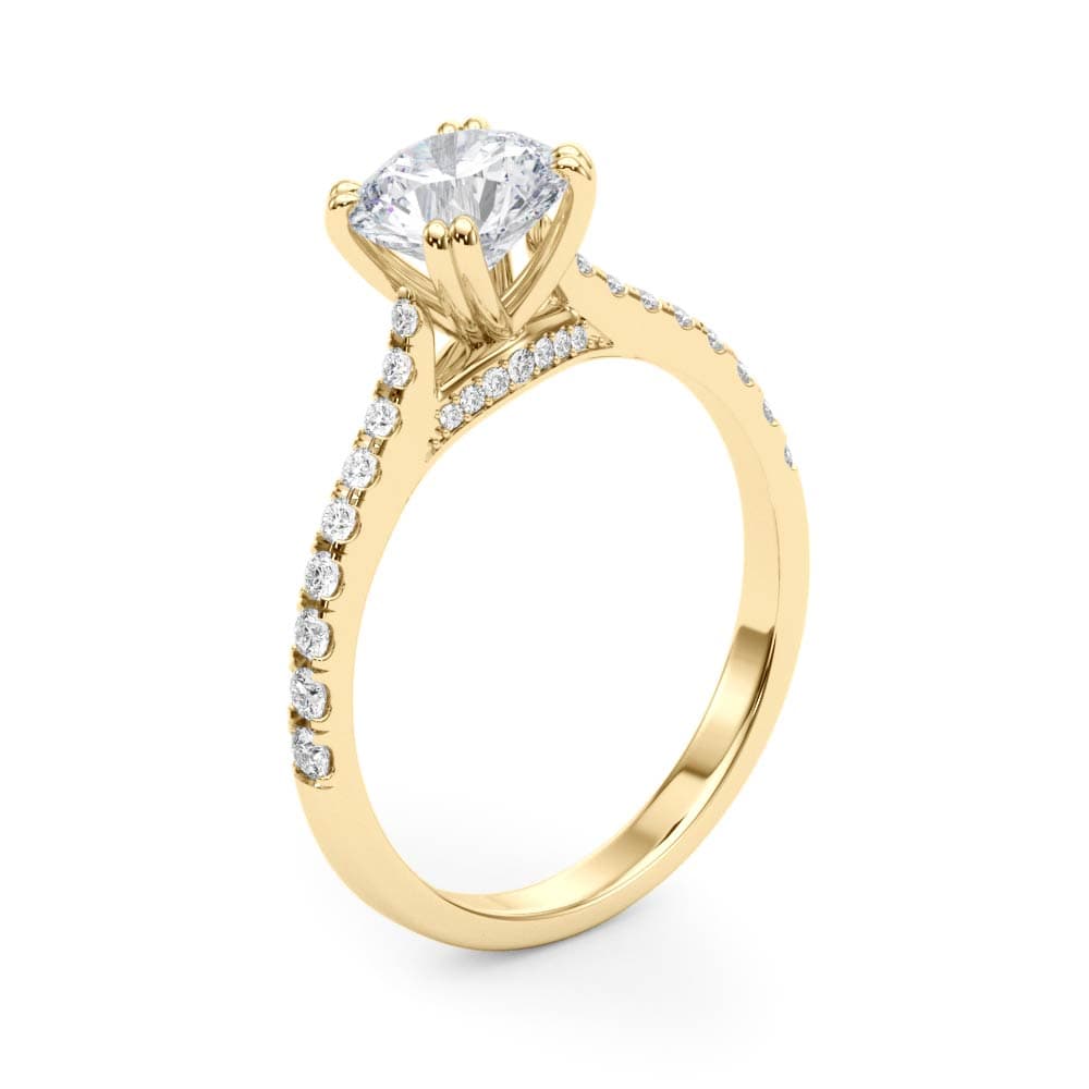 Double Prong Hidden Halo Engagement Ring, style 51048, Angle view in yellow gold
