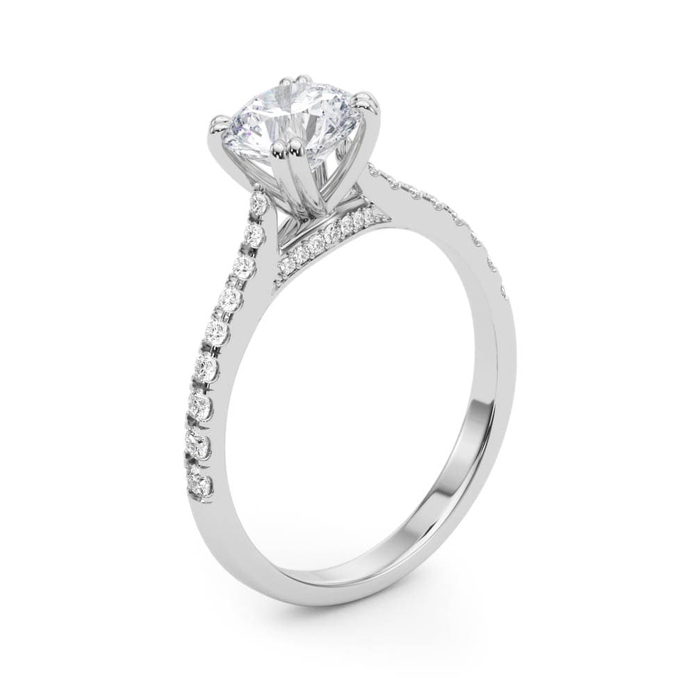 Double Prong Hidden Halo Engagement Ring, style 51048, Angle view in white gold or platinum