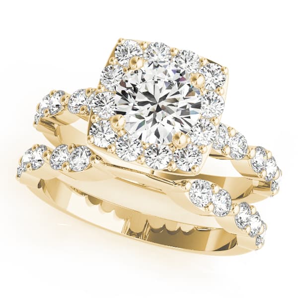 Scalloped Shape Round Halo Engagement Ring, style 51050, On hand view in yellow gold