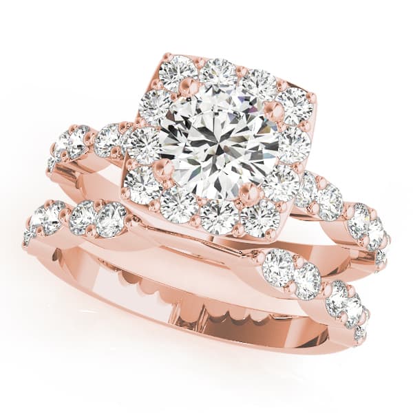 Scalloped Shape Round Halo Engagement Ring, style 51050, On hand view in rose gold