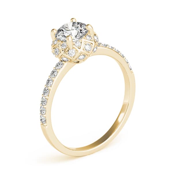 Vintage Single Row Halo Engagement Ring, style 51053, Angle view in yellow gold