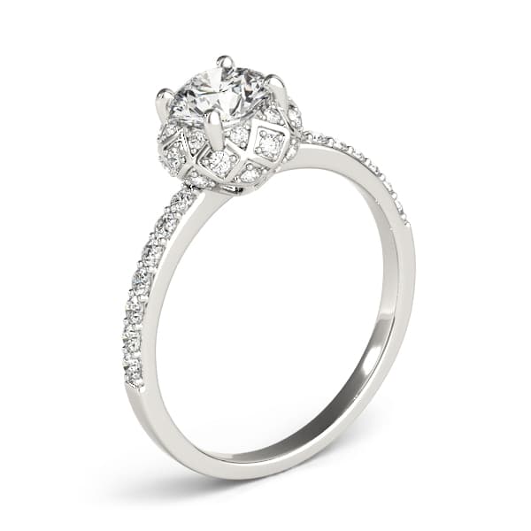Vintage Single Row Halo Engagement Ring, style 51053, Angle view in white gold or platinum
