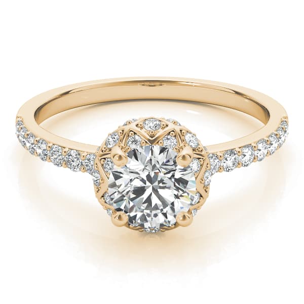 Vintage Single Row Halo Engagement Ring, style 51053, On hand view in yellow gold