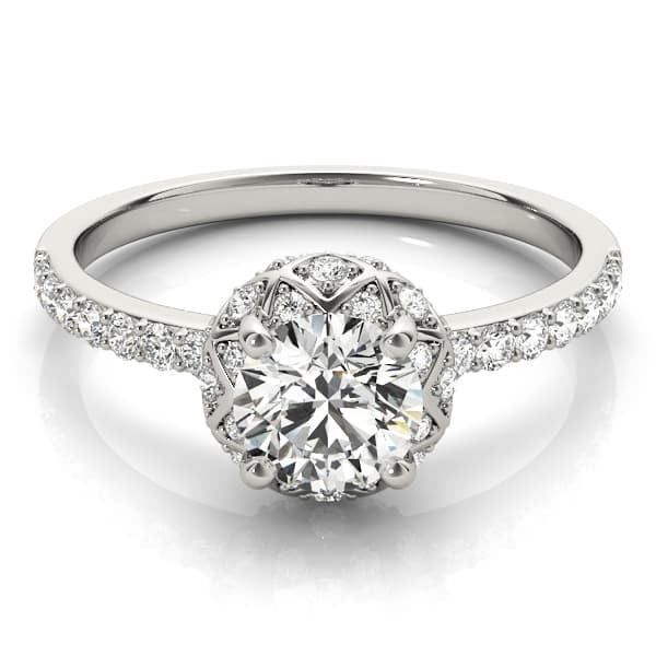 Vintage Single Row Halo Engagement Ring, style 51053, On hand view in white gold or platinum