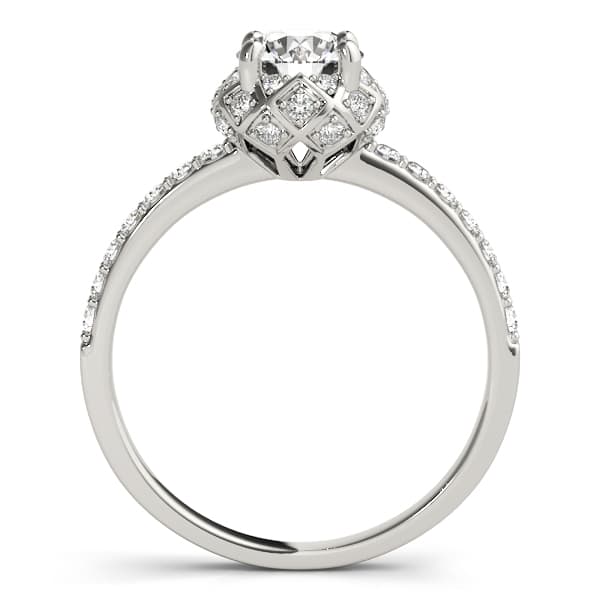 Vintage Single Row Halo Engagement Ring, style 51053, Side view in white gold or platinum