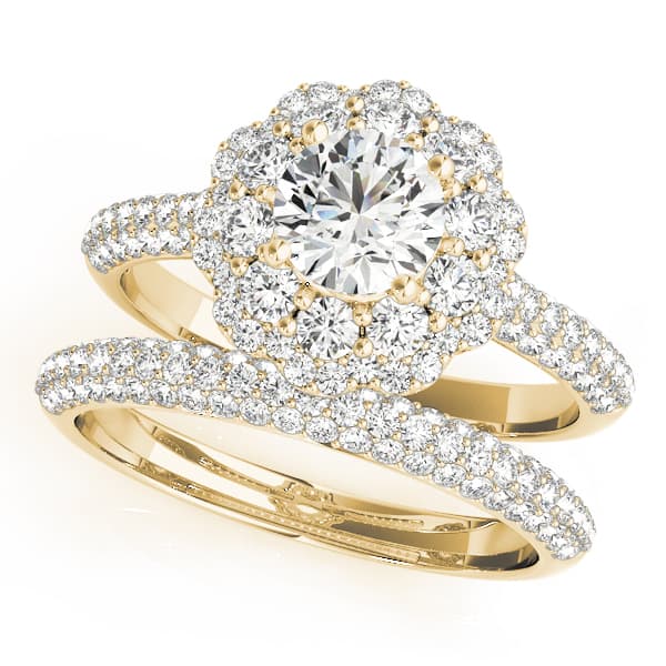 Double Halo Pavé Engagement Ring, style 51056, On hand view in yellow gold