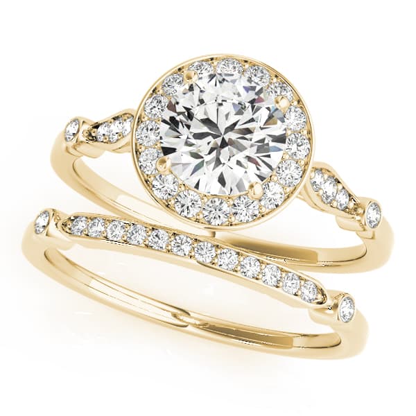 Solitaire Halo Engagement Ring, style 51064, On hand view in yellow gold