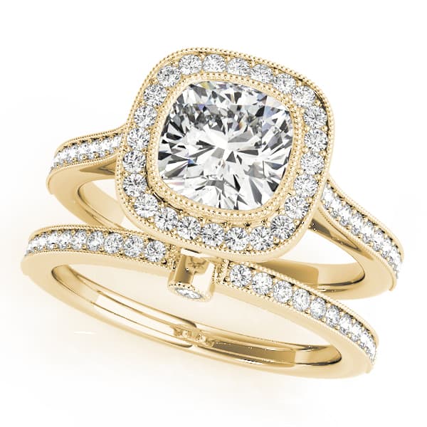 Halo Cush Engagement Ring, style 51075, On hand view in yellow gold