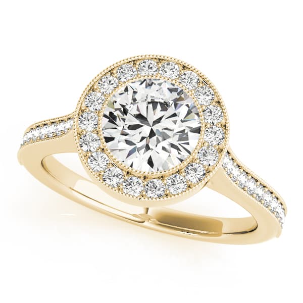 Antique Style Milgrain Halo Engagement Ring, style 51076, Front view in yellow gold
