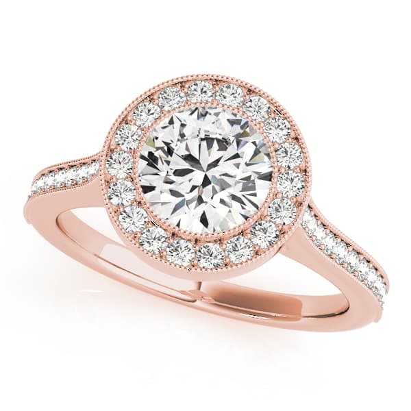 Antique Style Milgrain Halo Engagement Ring, style 51076, Front view in rose gold