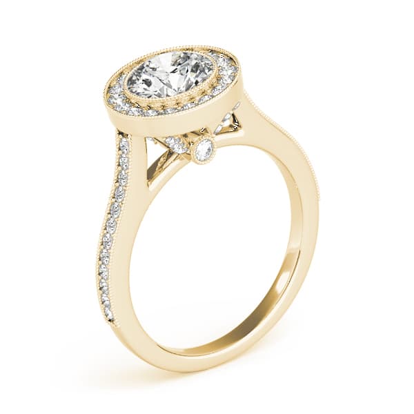 Antique Style Milgrain Halo Engagement Ring, style 51076, Angle view in yellow gold