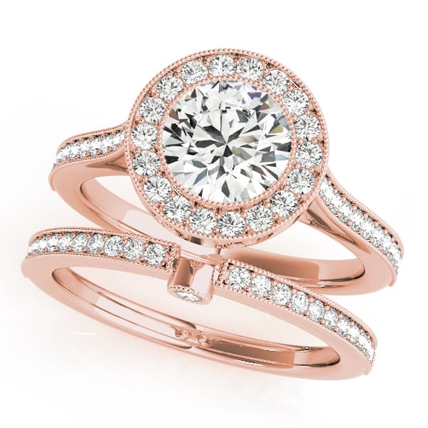 Antique Style Milgrain Halo Engagement Ring, style 51076, On hand view in rose gold