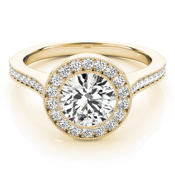 Antique Style Milgrain Halo Engagement Ring, style 51076, Top view in yellow gold