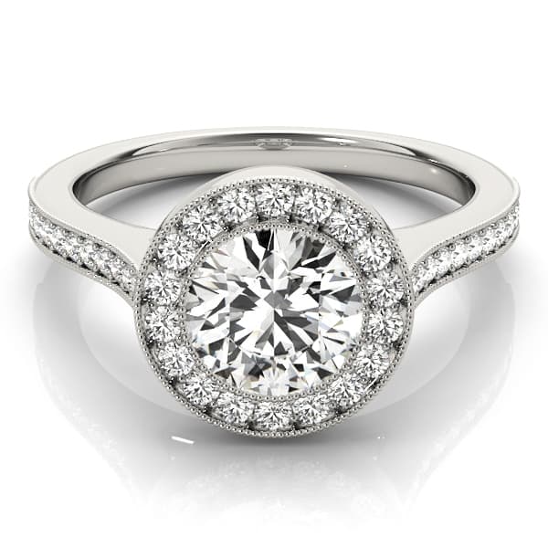 Antique Style Milgrain Halo Engagement Ring, style 51076, Top view in white gold or platinum