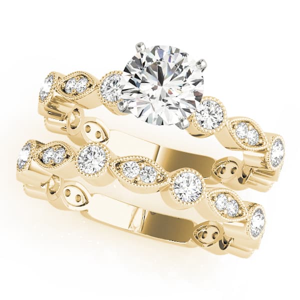 Antique Inspired Milgrain Engagement Ring, style 51077, On hand view in yellow gold