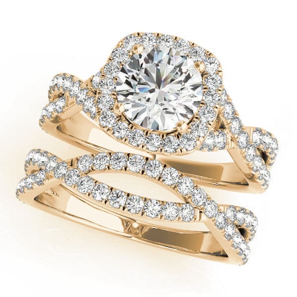Twisted Split Shank Halo Engagement Ring, style 51078, On hand view in yellow gold