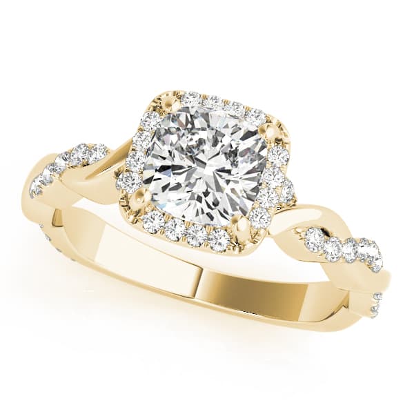 Twisted Shank Halo Cushion Engagement Ring, style 51086, Front view in yellow gold
