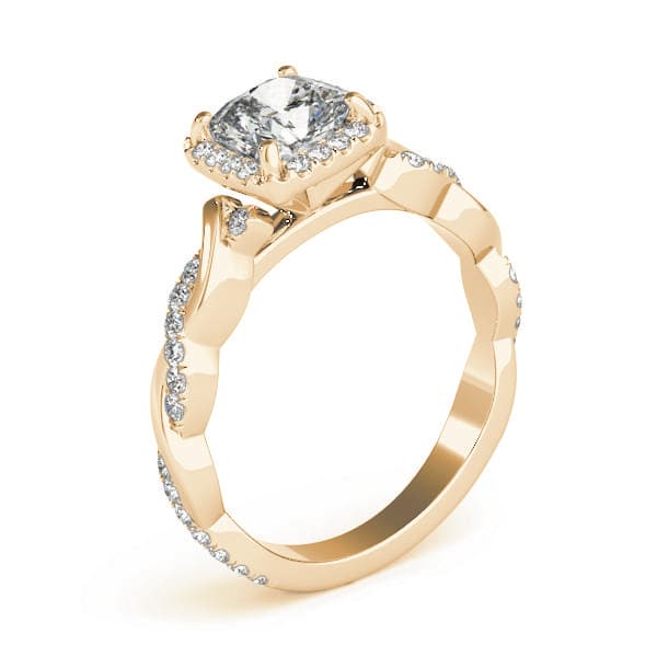 Twisted Shank Halo Cushion Engagement Ring, style 51086, Angle view in yellow gold
