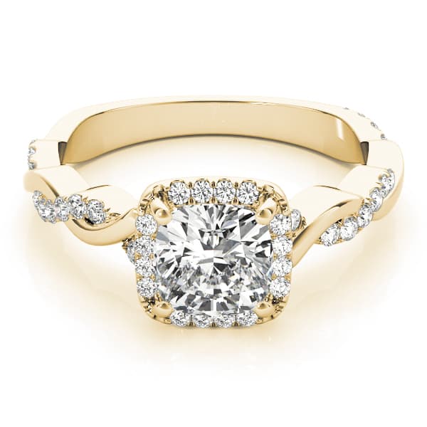 Twisted Shank Halo Cushion Engagement Ring, style 51086, On hand view in yellow gold