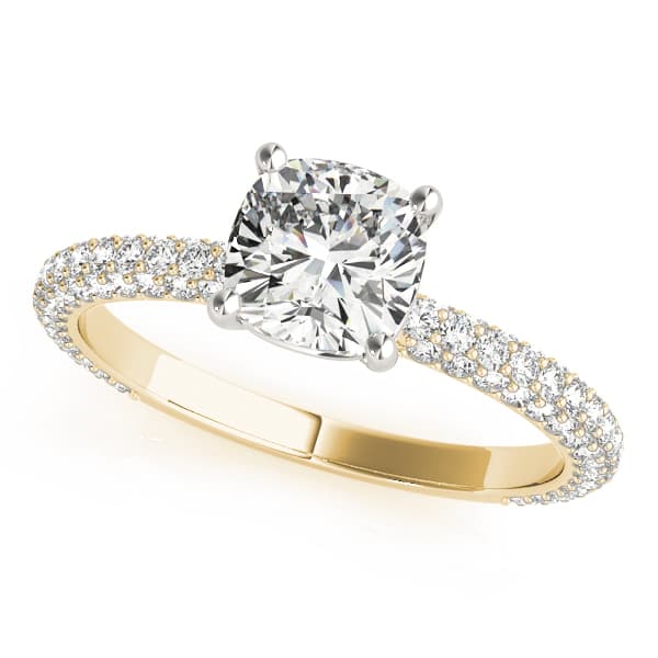 Pavé Set With Cushion Peg-Head Engagement Ring, style 51093, Front view in yellow gold