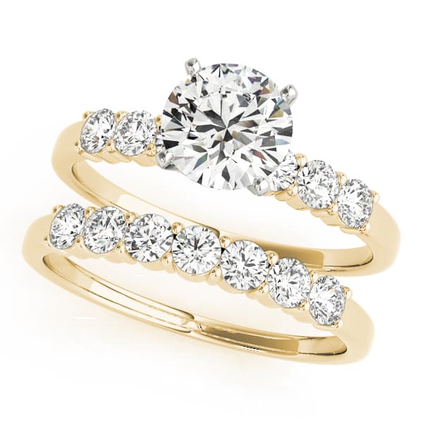Single Row Shared Prong Engagement Ring, style 51097, On hand view in yellow gold