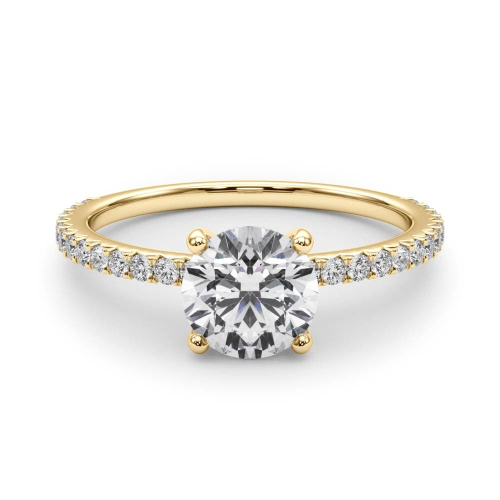 Single Row Round Engagement Ring, style 51102, On hand view in yellow gold