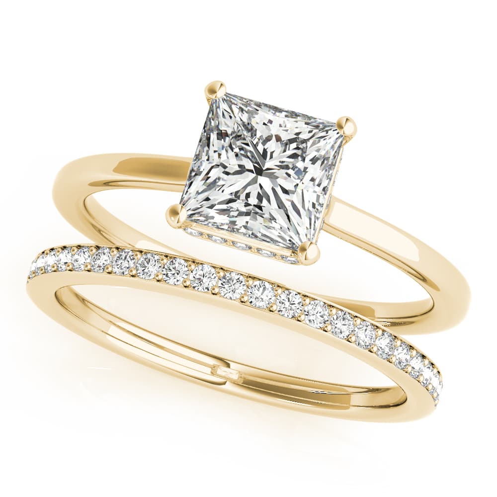 Square & Princess Cut Hidden Halo Engagement Ring, style 51139, On hand view in yellow gold