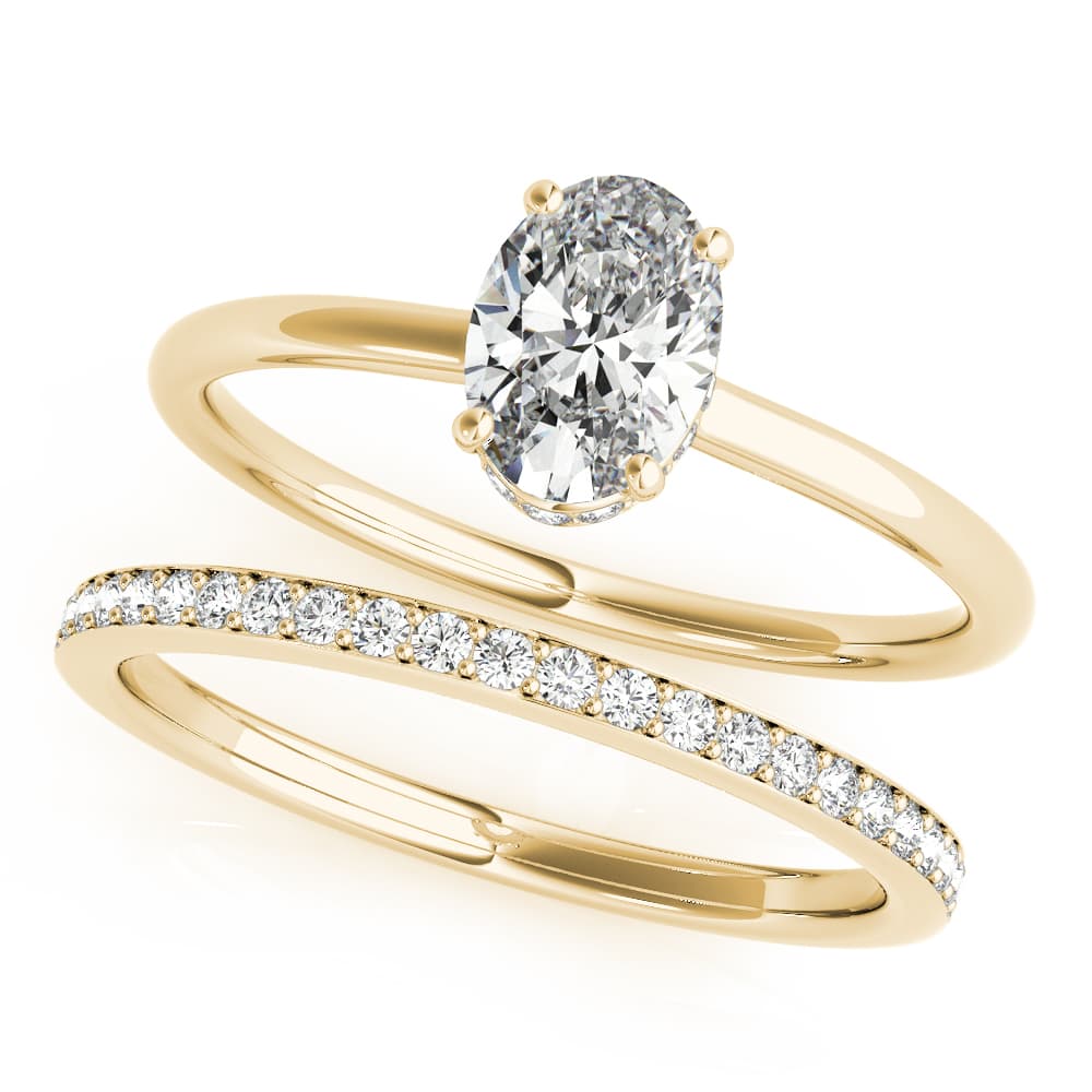 Hidden Halo Oval Engagement Ring, style 51141, On hand view in yellow gold