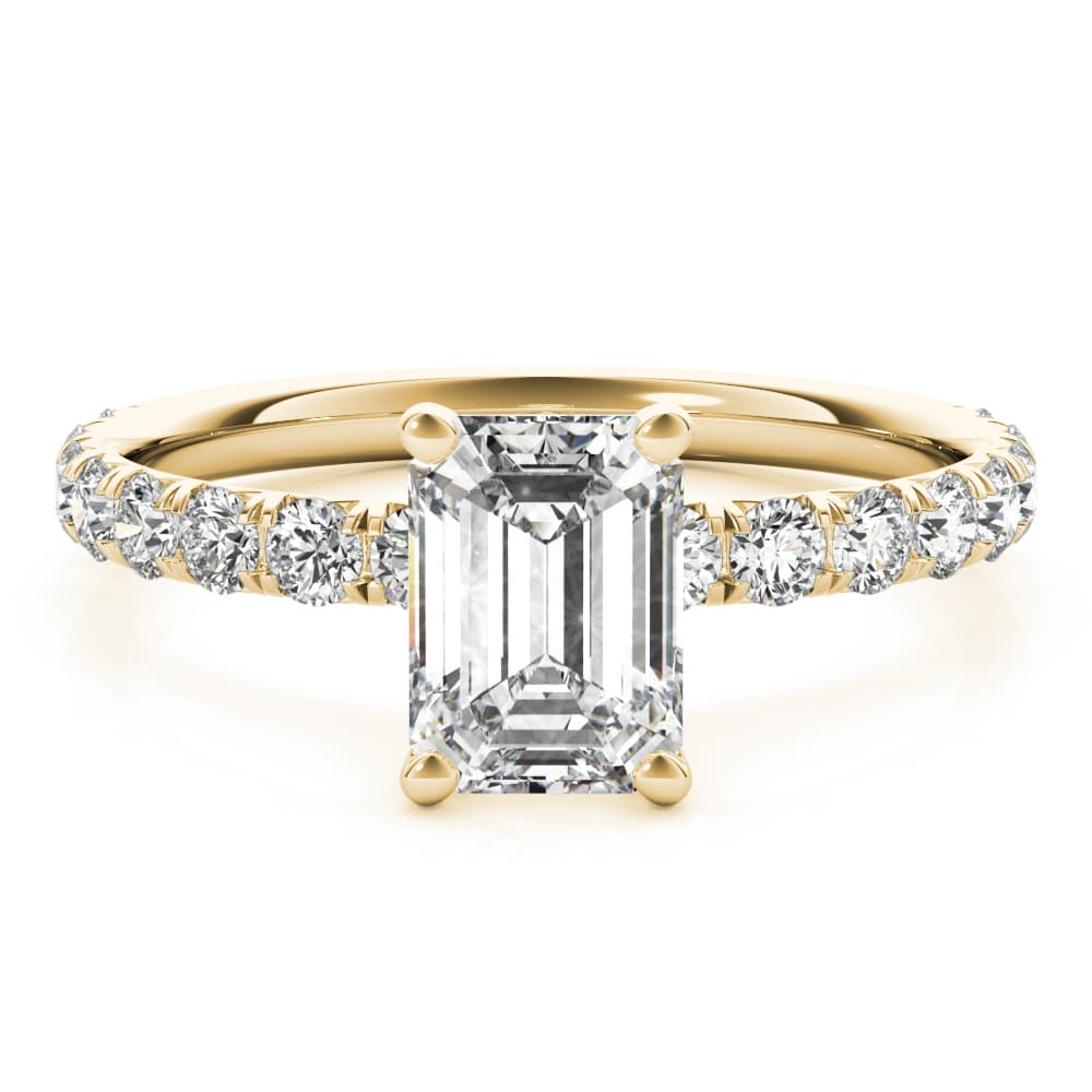 Emerald Cut Split Prong Engagement Ring, style 51149, On hand view in yellow gold