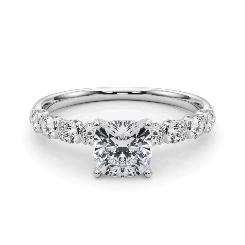 Single Row Half Bezel Engagement Ring, style 51150, On hand view in white gold or platinum