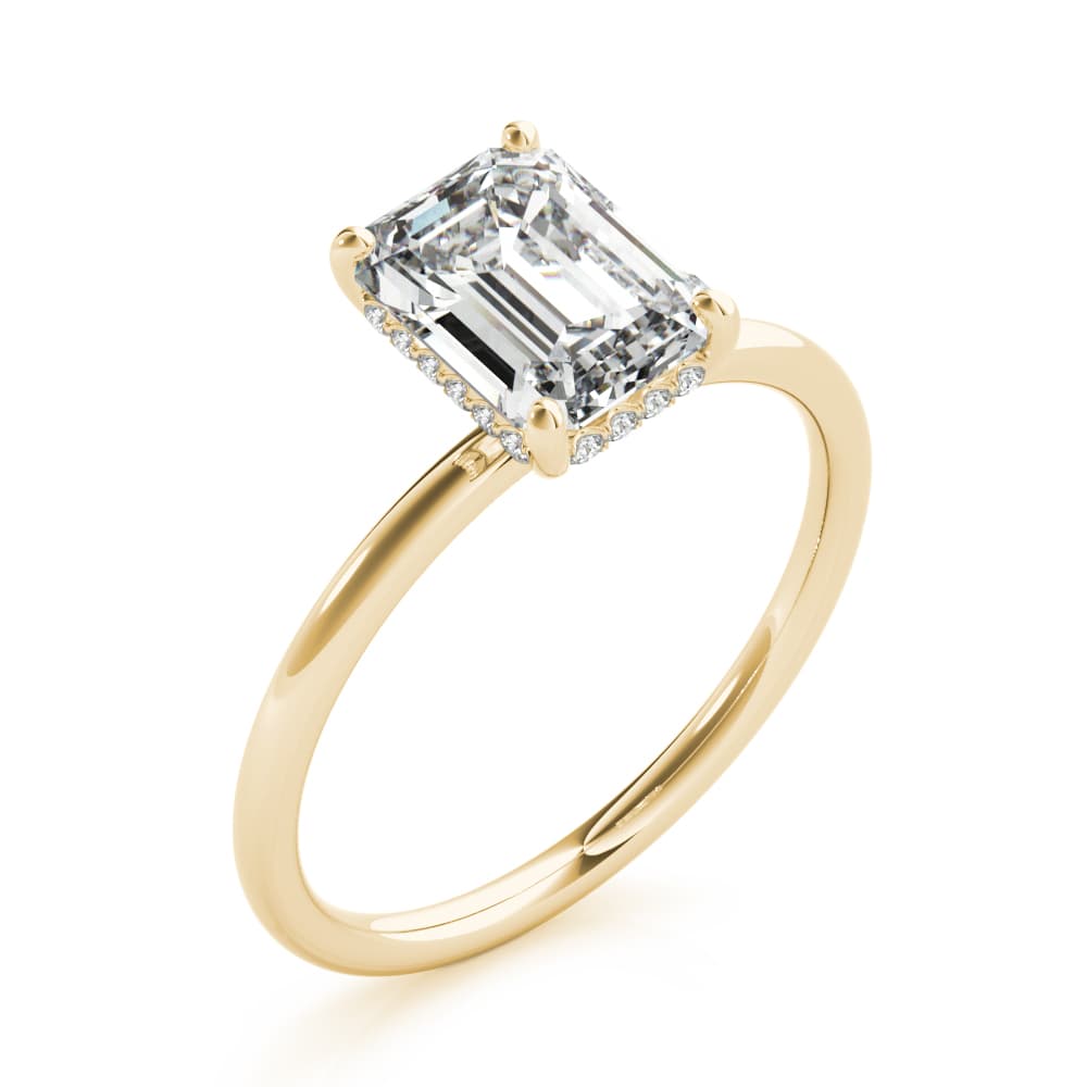 Emerald Cut Hidden Halo Engagement Ring, style 51156, Angle view in yellow gold