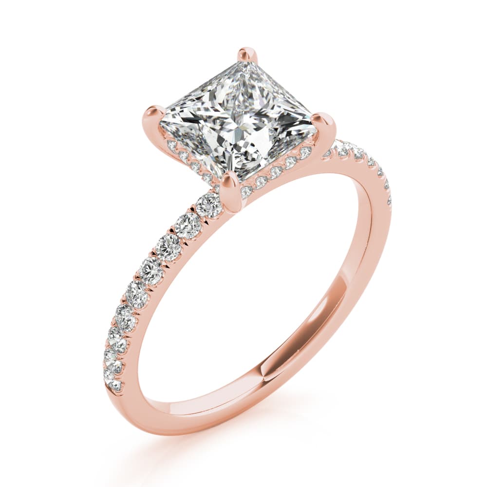Princess Cut Hidden Halo Engagement Ring, style 51161, Angle view in rose gold