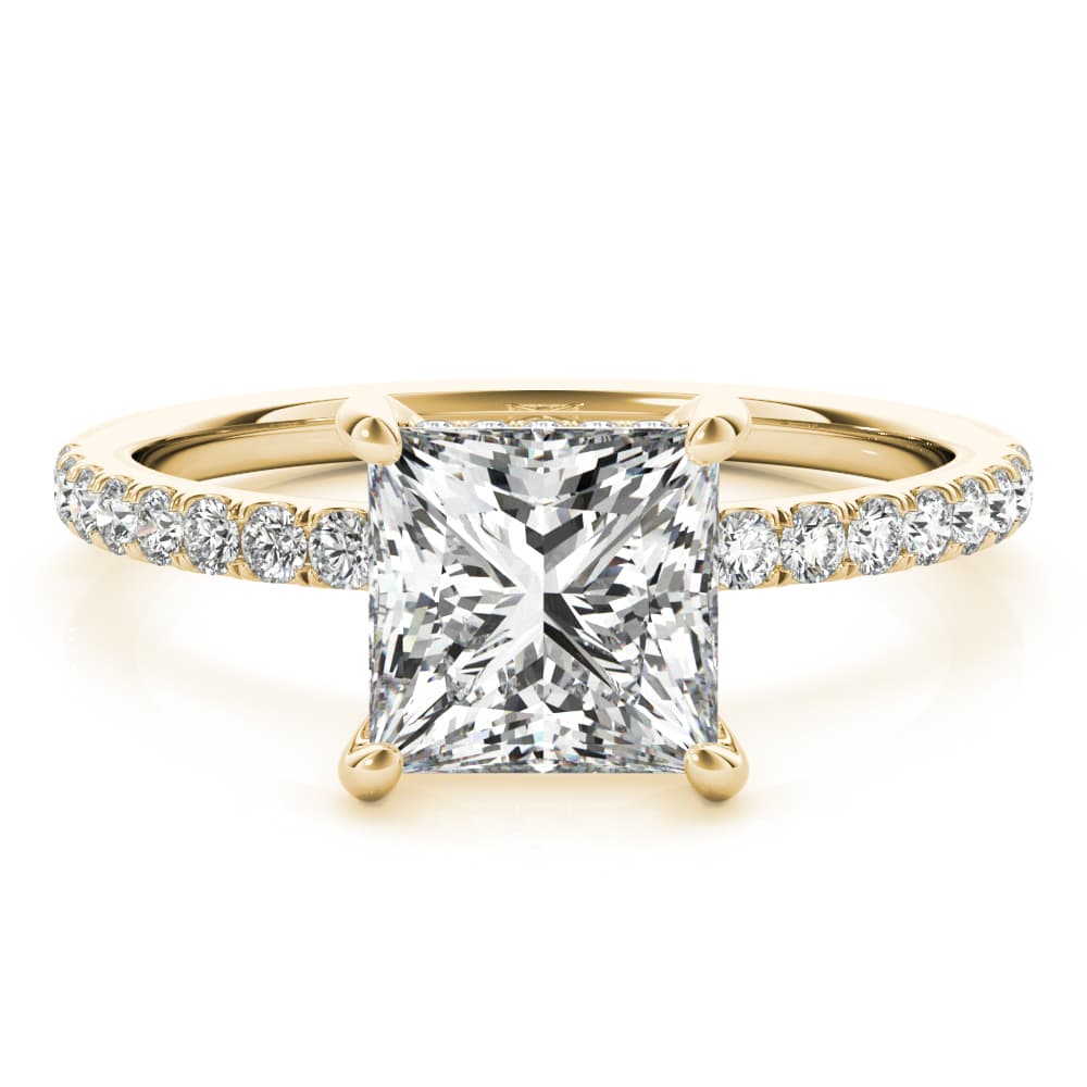Princess Cut Hidden Halo Engagement Ring, style 51161, On hand view in yellow gold