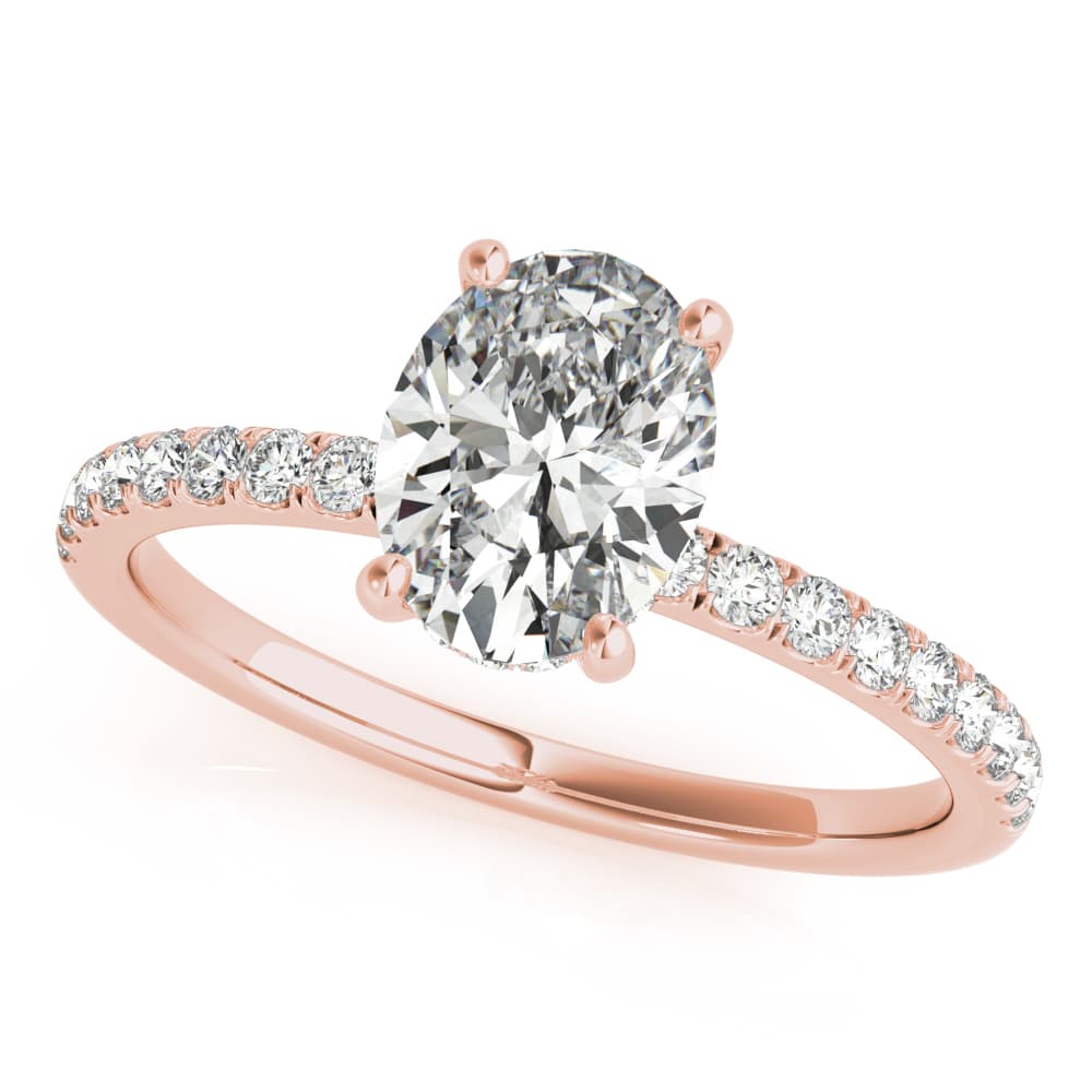 Oval Hidden Halo Engagement Ring, Diamond Band, style 51162, Front view in rose gold