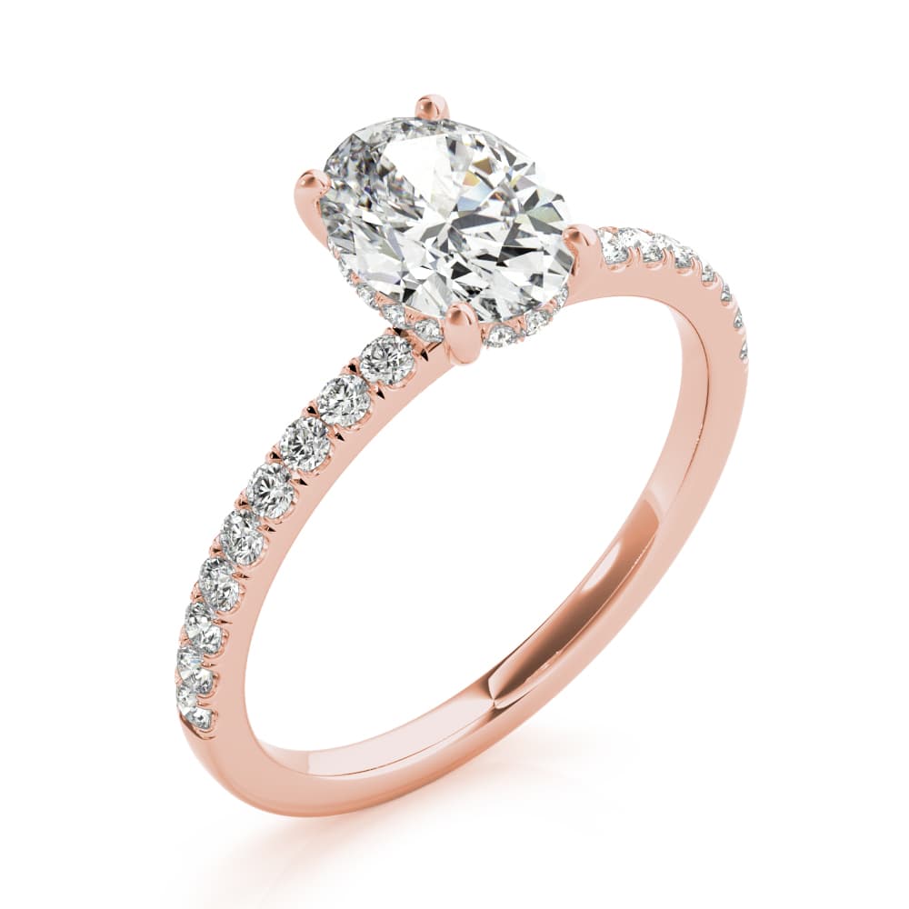 Oval Hidden Halo Engagement Ring, Diamond Band, style 51162, Angle view in rose gold