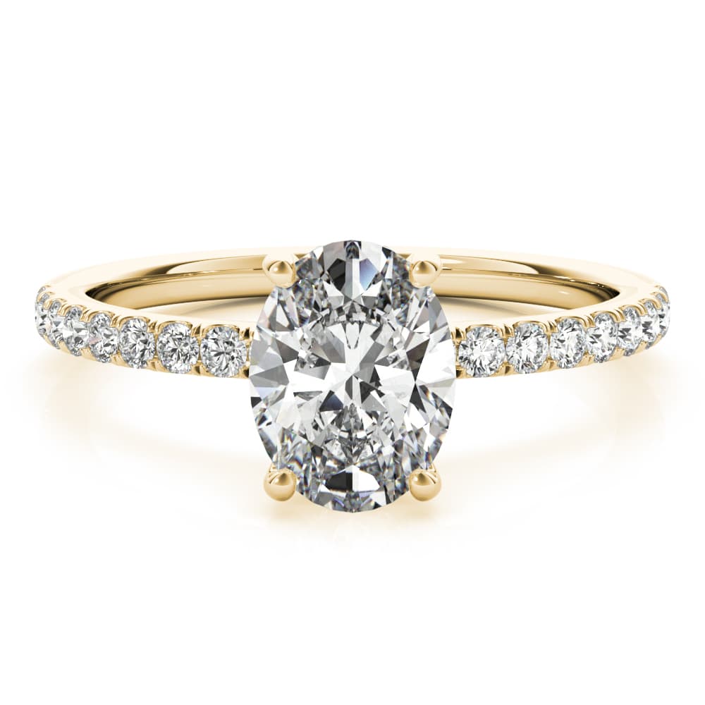 Oval Hidden Halo Engagement Ring, Diamond Band, style 51162, On hand view in yellow gold