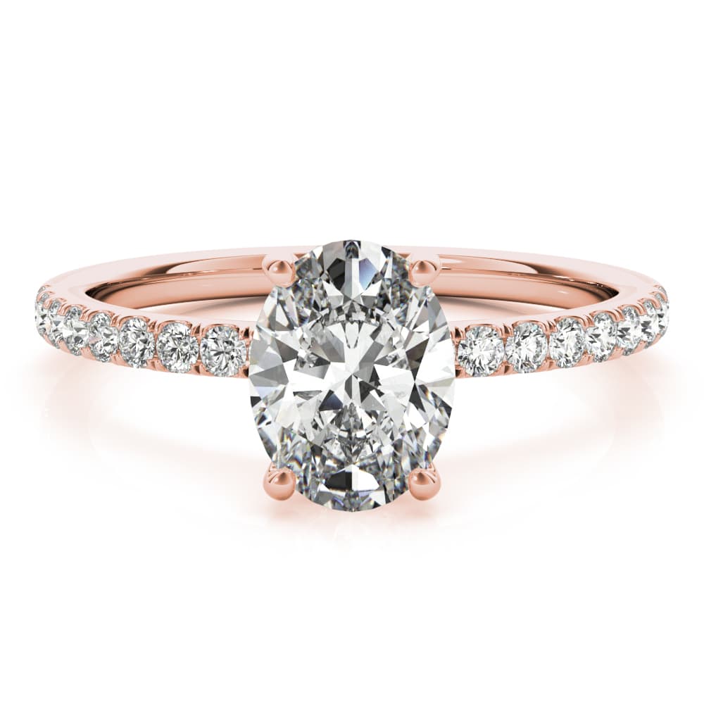 Oval Hidden Halo Engagement Ring, Diamond Band, style 51162, On hand view in rose gold