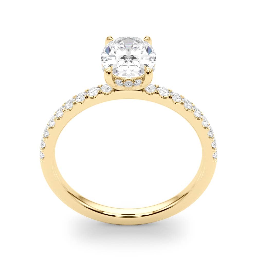 Oval Hidden Halo Engagement Ring, Diamond Band, style 51162, Top view in yellow gold