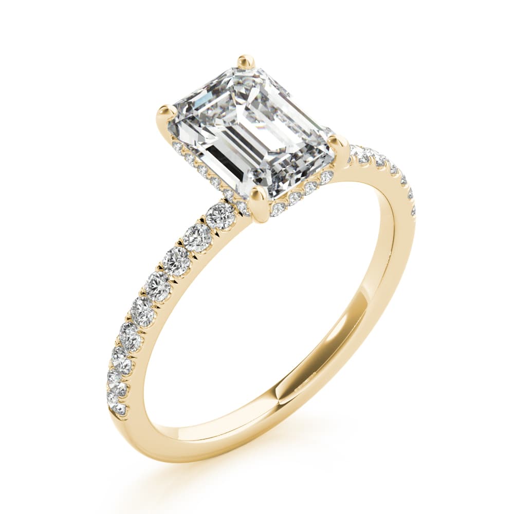Hidden Halo Emerald Cut Engagement Ring, style 51163, Angle view in yellow gold