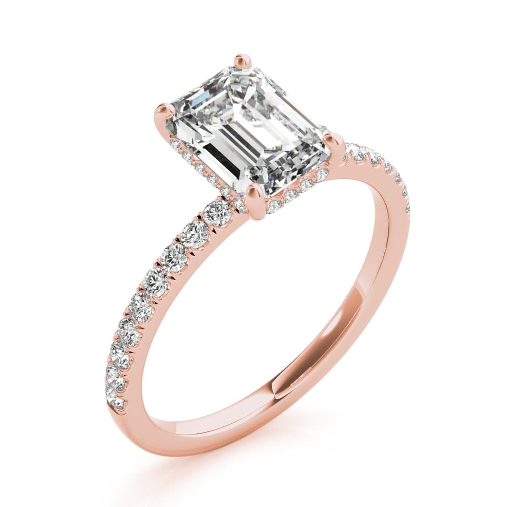 Hidden Halo Emerald Cut Engagement Ring, style 51163, Angle view in rose gold