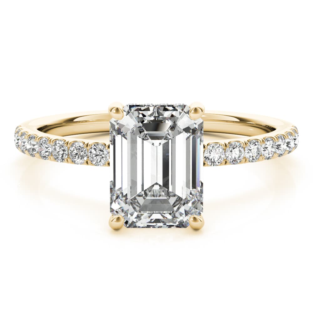 Hidden Halo Emerald Cut Engagement Ring, style 51163, On hand view in yellow gold