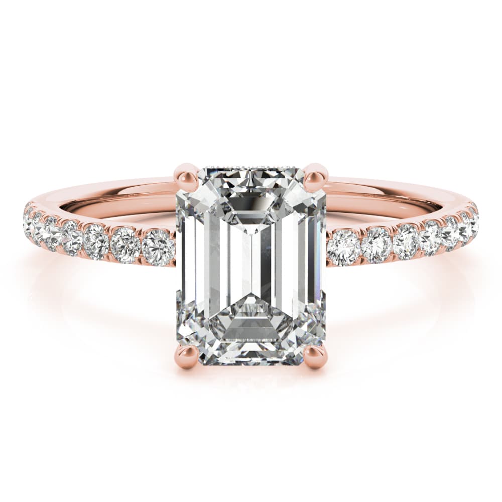 Hidden Halo Emerald Cut Engagement Ring, style 51163, On hand view in rose gold