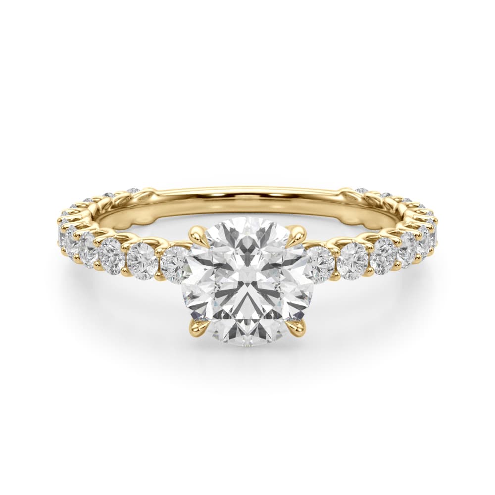 Single Row Shared Prong Trellis Engagement Ring, style 51171, Angle view in yellow gold