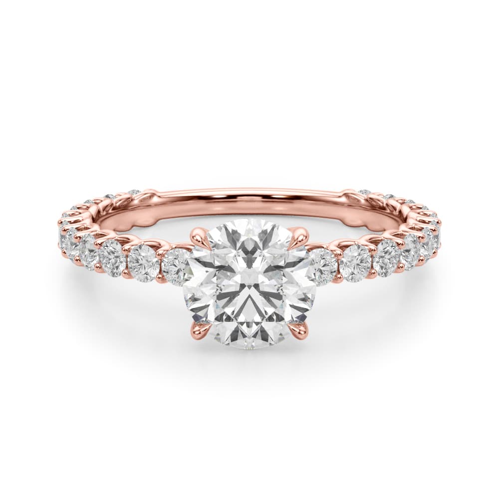 Single Row Shared Prong Trellis Engagement Ring, style 51171, Angle view in rose gold